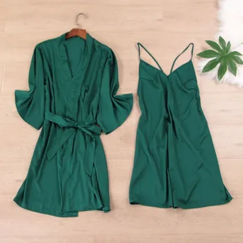 

Women Satin Sleepwear Robe Sexy Silk Robe Gown Set Sleep Lounge Indoor Clothing Ladies Nightwear Nightdress With Chest Pads