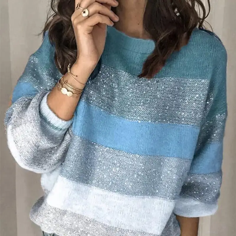 Свободный Повседневный лоскутный свитер для женщин зима Женский вязаный пуловер с длинным рукавом полосатые трикотажные свитера