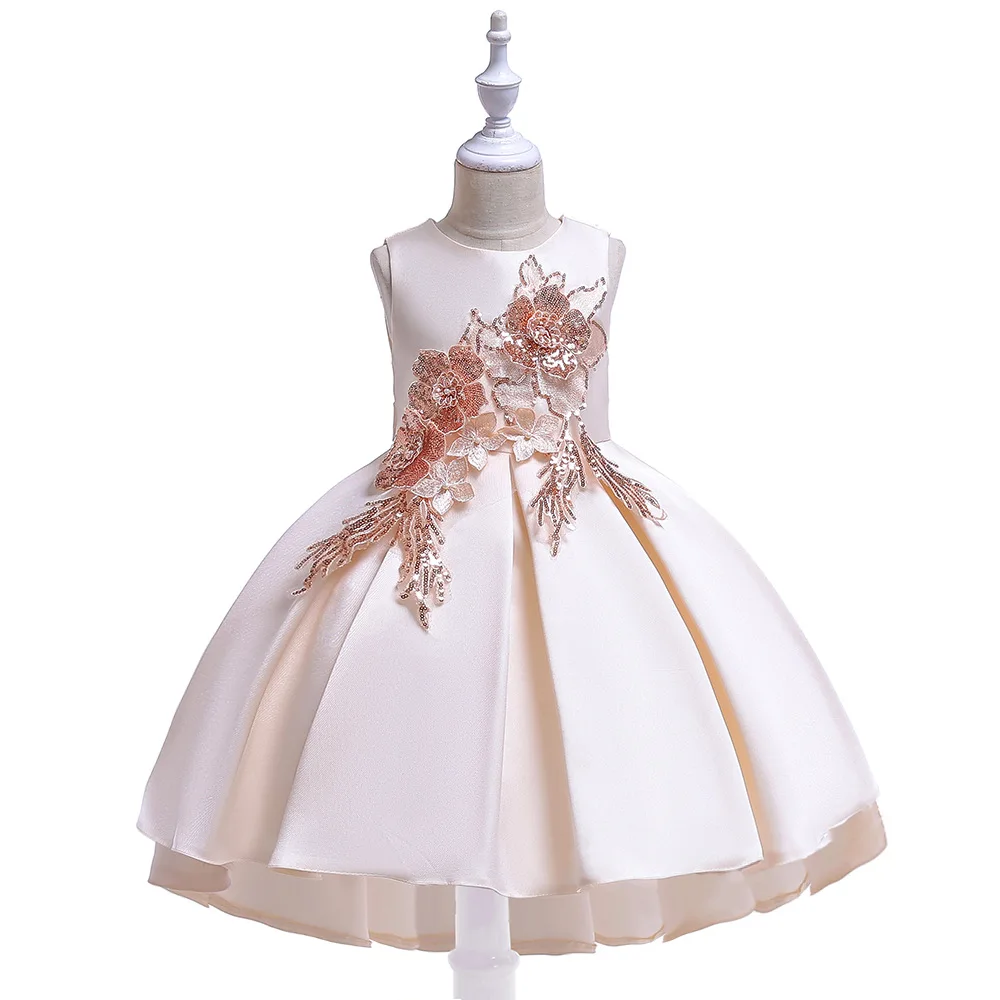 

New Style GIRL'S Gown Embroidery Tailing Flower Dress Puffy Satin Princess Dress Party Performance Formal Dress