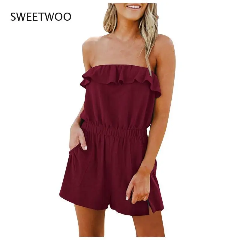 Summer Women Fashion Sexy Solid Colors Sleeveless Off-Shoulder Backless Ruffles Leisure Pocket Beach Short Romper Jumpsuit