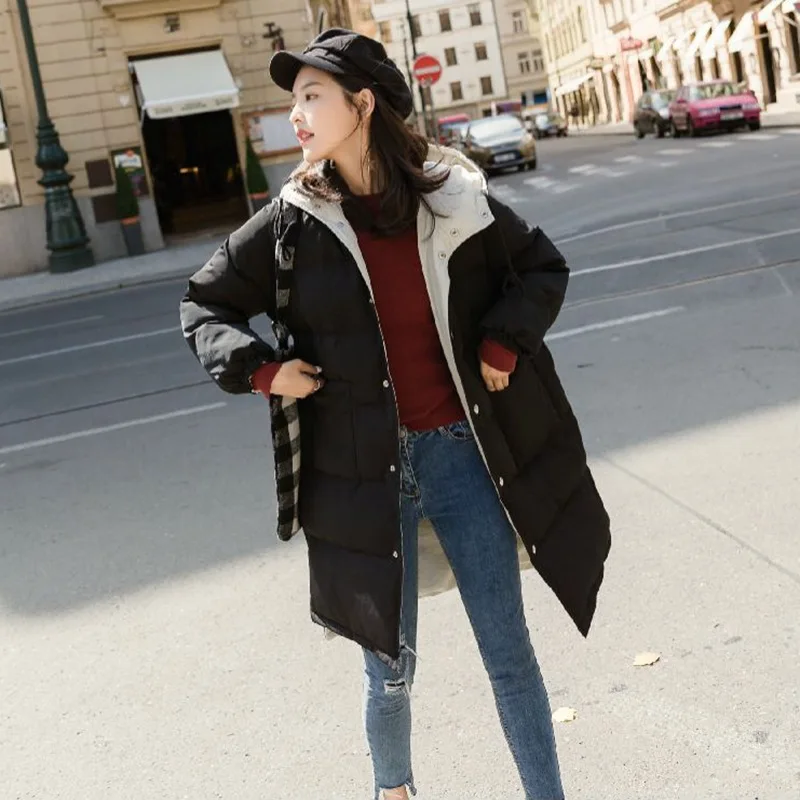 

Photo Shoot Korean-style ulaang Reversible Hooded down Coat Women's INS College Style Thick Cotton-padded Clothes Middle Long Co
