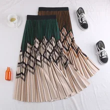 Винтажная эластичная плиссированная трапециевидная Зимняя юбка средней длины с высокой талией в клетку для женщин, женские юбки зеленого, синего, кофейного цвета, saia saias