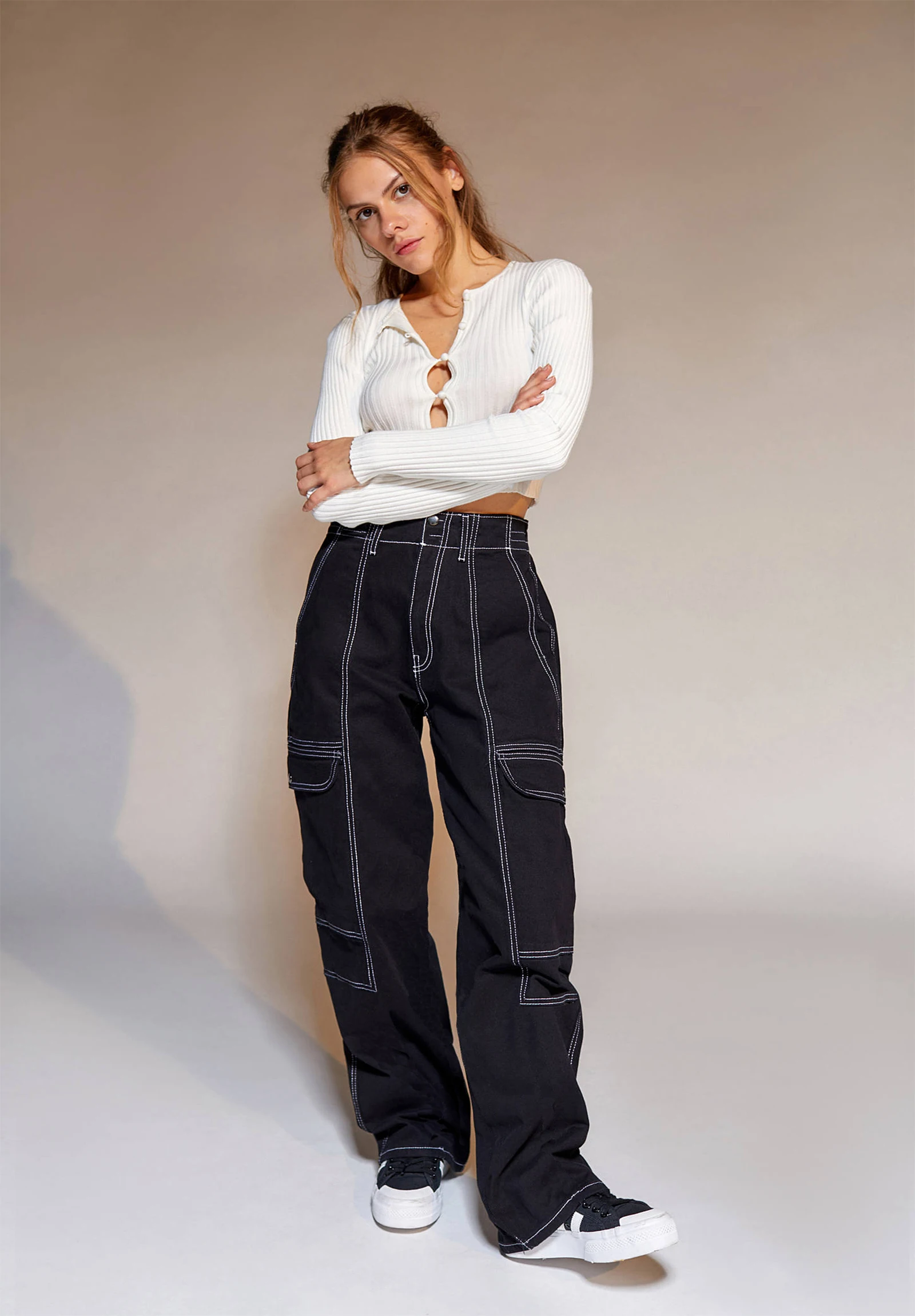 

Women Contrast Color Jeans, Adults Casual High Waisted Straight-leg Denim Pants with Pockets