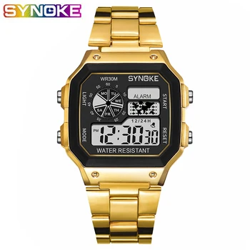

SYNOKE Digital Watch Student Gold Stainless Steel Strap Colorful Led Light Multi-function Date Fashion Boys Electronic Watch