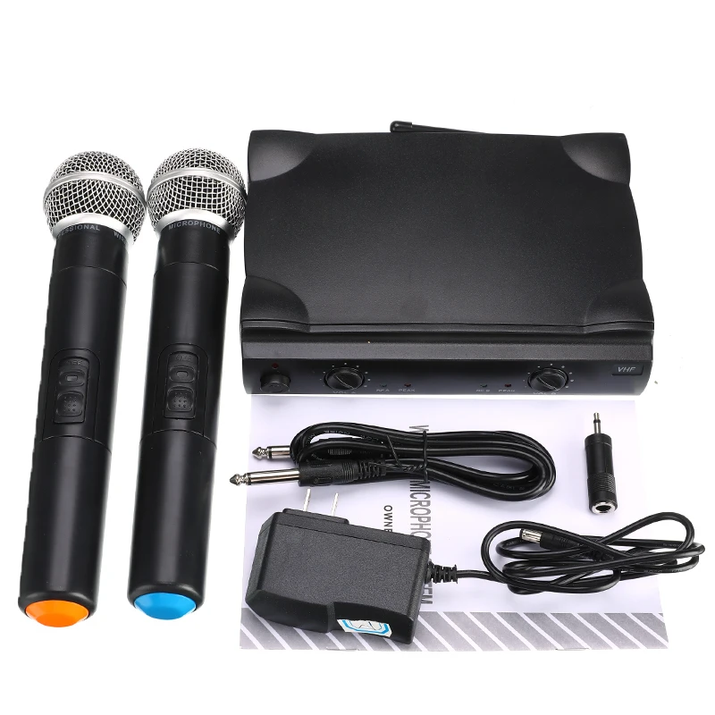 Professional Dual VHF Wireless Cordless Handheld Microphone Mic System with Receiver for Kareoke Microphone Party KTV Studio