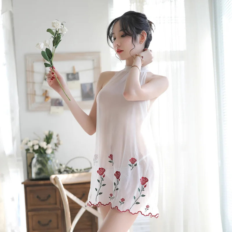 Women Backless Elegant Lace Up Sleepwear With T Pants Lady's Floral Embroidery Mesh Skirt Sets Sexy See Through Nightdress | Женская