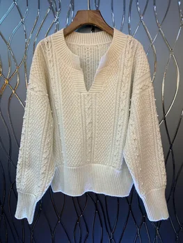 

2019 New Fashion Casual Beige Long Knitted Sweater Women V- Neck Three Sizes S M L