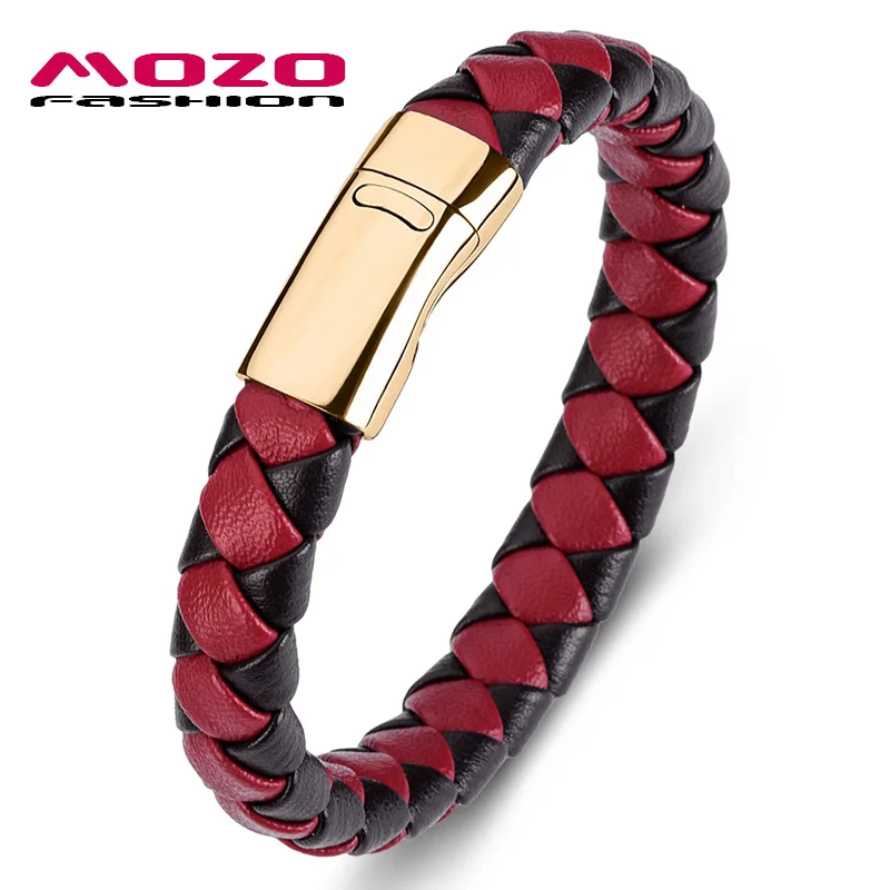 MOZO, модные мужские классические ювелирные изделия, плетеный кожаный браслет, женский браслет ручной работы, трендовая застежка из нержавеющей стали, ремешок на запястье, черный - Окраска металла: SJ006-R