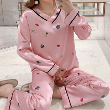 

SFIT Women Pajamas Sets 2 PCS Spring Autumn Long Sleeve V Neck Tops and Long Pants Sleepwear Casual Pijamas Homewear