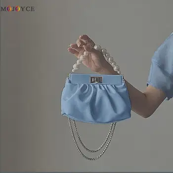 

PU Leather Cloud Pearl Chain Shoulder Bags for Women 2020 Retro Pleated Solid Color Evening Party Underarm Messenger Handbags
