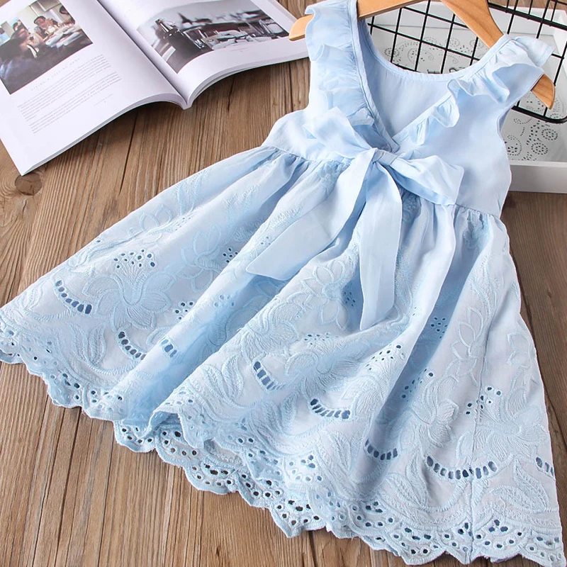 

Kids Dress 2019 Baby Girls Ruffles Drawstring Bow Clothes Children Embroidery Sleeveless Dresses Kids Clothes Crew Neck Dress