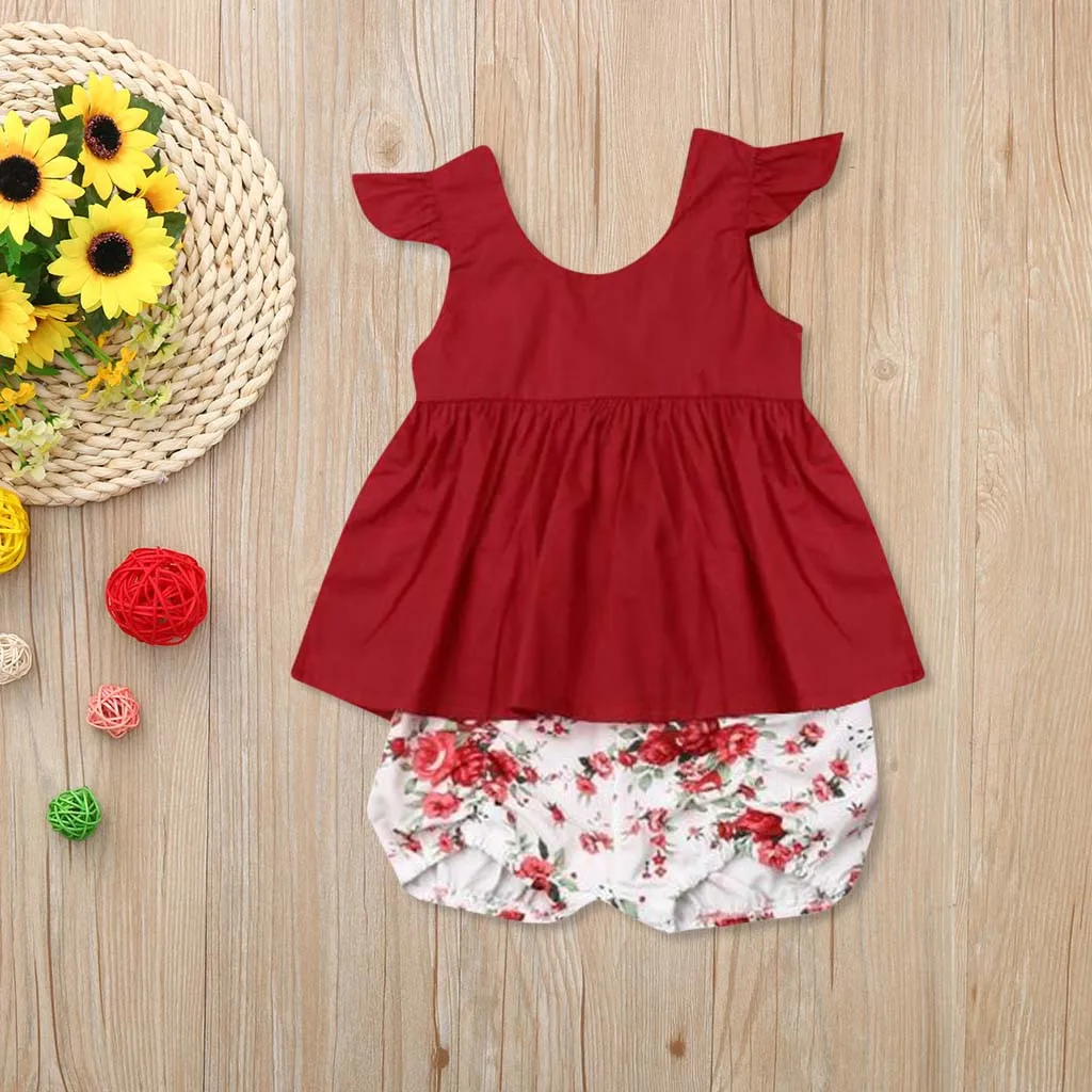 Toddler Baby Kids Girls Solid Vest Tops+floral Printing Shorts Outfits Sets Kids Baby Girls Fashion Clothes Set 0-2 Years Old