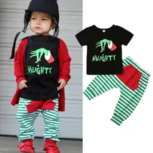 Рождественский комплект одежды для маленьких мальчиков и девочек от 1 до 6 лет, комплекты одежды рубашка с короткими рукавами и рисунком полосатые штаны, одежда