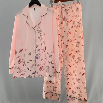 

2020 Newest Women Pajamas Beautiful Long Printed Nightgown Home Service Suit Faux Silk Thin Sleepwear Autumn Silk пижама женская