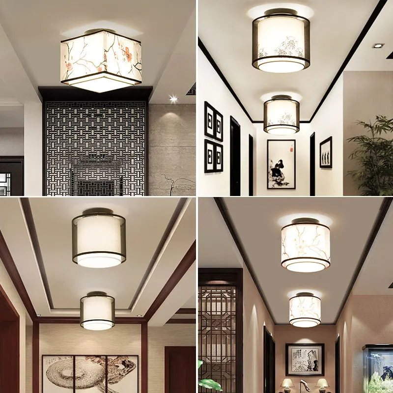 

New Chinese Style Aisle Lights Single-head Flowers And Birds Fabric Ceiling Entrance Lights Corridor Lights Circle Square Lamp L