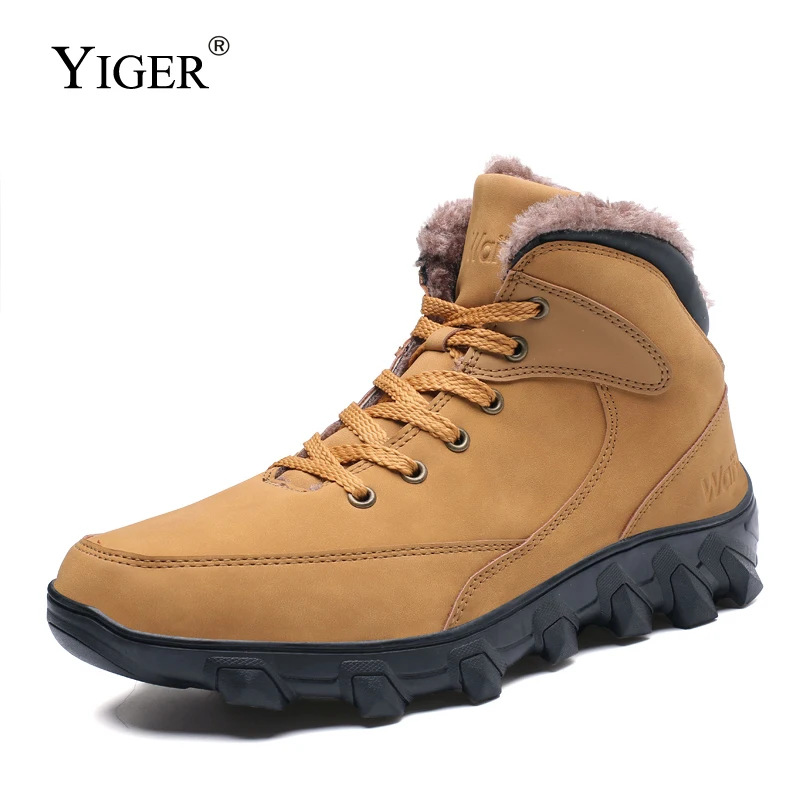YIGER, новые мужские зимние ботинки из натуральной кожи, Зимняя Теплая мужская обувь из хлопка, износостойкие повседневные Черные мужские ботильоны на шнуровке, 0390