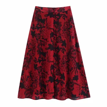 

Ma & Du women's new high waisted retro Floral Chiffon print mid length skirt in early spring 2020