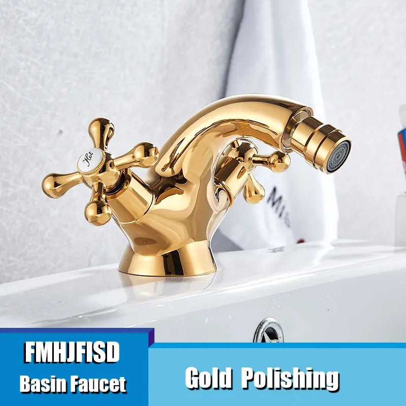 Gold Fmhjfisd античный смеситель для биде две керамические поворотные ручки вода ванная комната раковина Латунное одно отверстие на бортике смеситель для воды - Цвет: Gold