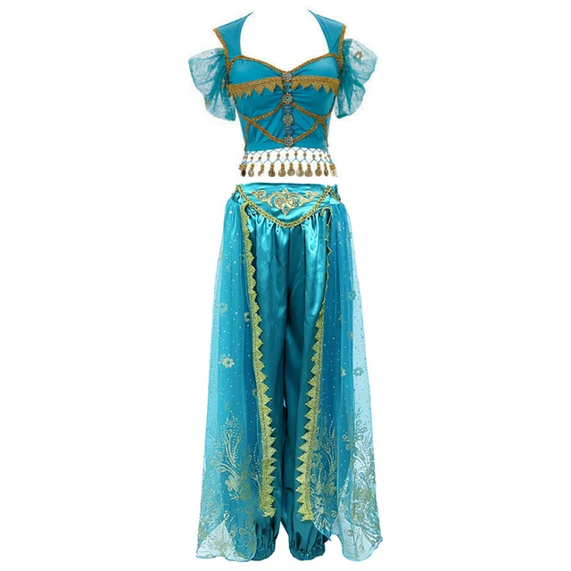 Festival Arabian Princess Costumes Indian Dance Embroider Bollywood Jasmine Costume Party Cosplay Jasmine Princess Fancy Outfit Blue 2 - 2pcs Set