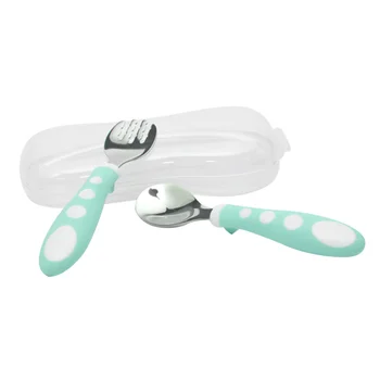 

1 Set Stainless Steel Baby Feeding Fork and Spoon Set Food Grade Kids Tableware Set (Green)