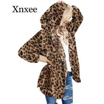 

Leopard Off White Soft Fleece Hooded Open Front Coat Winter Women Fashion Jackets Casual Plus Size Outwear with Pockets
