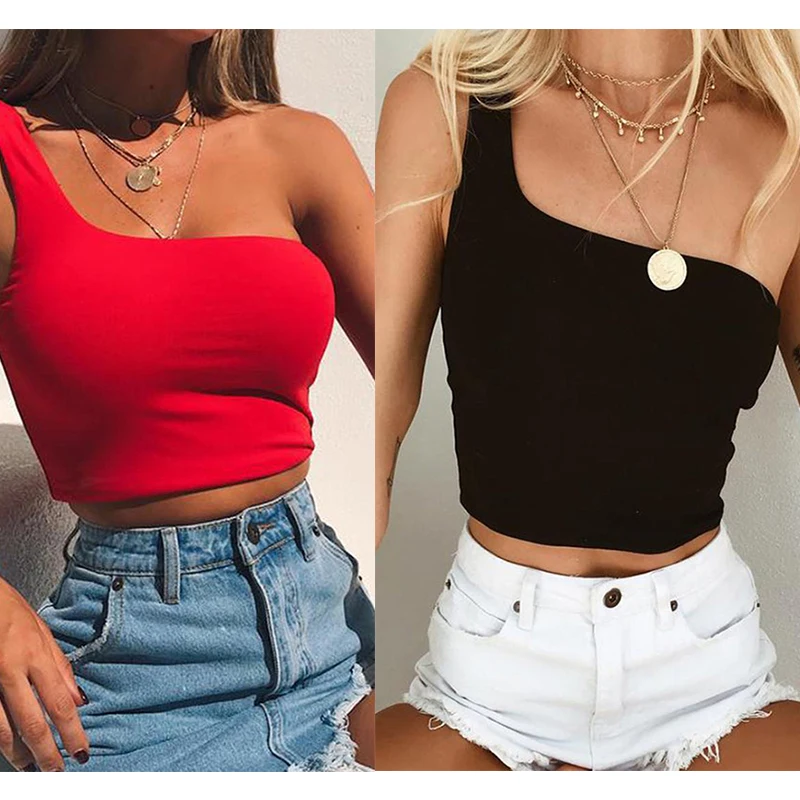 Women's Sexy Cool Single Shoulder Vest Medium Long Sleeveless T-Shirt Sports Wrap Chest Ladies Camisole | Женская одежда