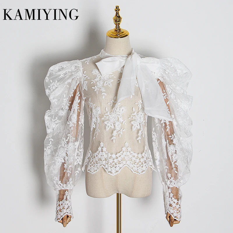 

KAMIYING embroidery lace perspective women'blouses bow collar lantern long sleeve shirts female 2020 NEW Fashion Clothing tide