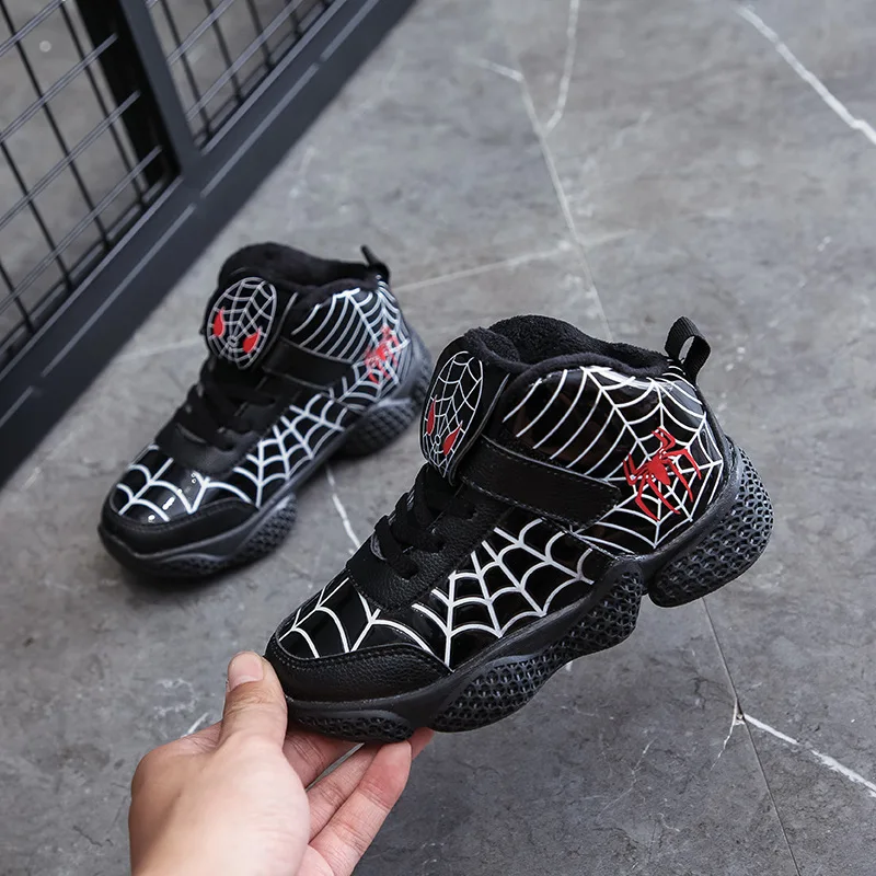 Детская обувь; бархатная теплая спортивная обувь для мальчиков; модные кожаные детские повседневные кроссовки «Человек-паук»; зимние ботинки для мальчиков