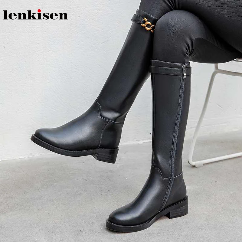 

Lenkisen new genuine leather metal chains buckle round toe med heels winter side zip keep warm women solid knee high boots L87