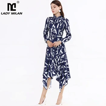 

Lady Milan Women's Runway Dresses Turn Down Collar Long Sleeves Letters Printed Asymmetrical High Street Fashion Dress