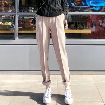 

BGTEEVER Woolen Thicken Pants Women Elastic Waist Striped Winter Female Suit Pant 2019 Elegant Warm Long Trousers femme caprics