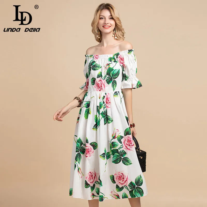Ld Linda Della 2020 Fashion Runway Casual Zomer Vrouwen Jurk Slash Hals Elastische Taille Vintage Rose Bloemen Print Elegante jurk Ld Linda Della 2020 Fashion Runway Casual Zomer Vrouwen Jurk Slash Hals Elastische Taille Vintage Rose Bloemen Print Elegante jurk