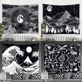 

Balck and White Wall Hanging Tapestry The Sun Tapestries Ocean Waves Tapiz Mountain Wall Art Fatima Hands Psychedelic Home Decor