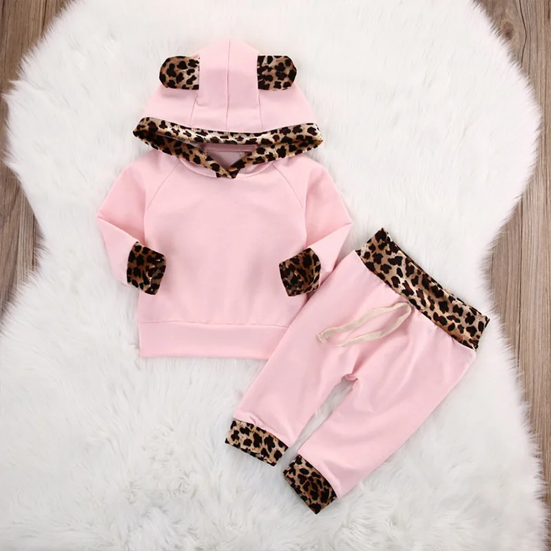 Одежда для новорожденных девочек; розовое пальто с леопардовым принтом; толстовка с капюшоном; толстовка; штаны; леггинсы; комплекты одежды - Цвет: Pink