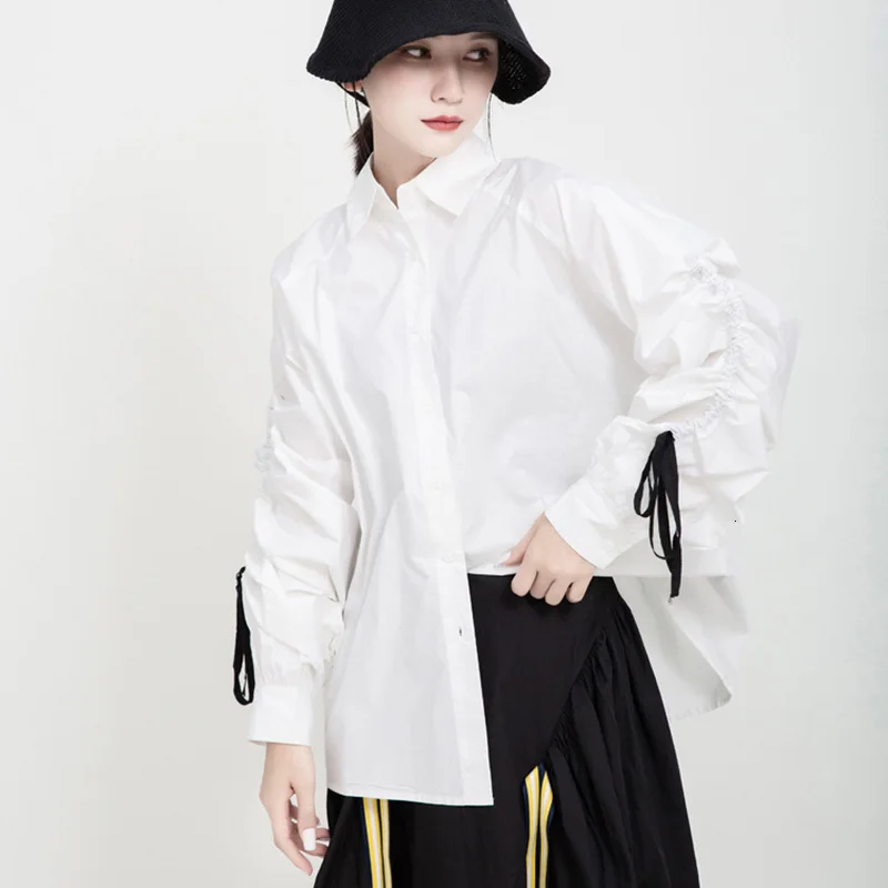 [EAM] женская черная плиссированная блузка большого размера на завязках, новая свободная рубашка с отворотом и длинным рукавом, модная весенняя Осенняя 1K172
