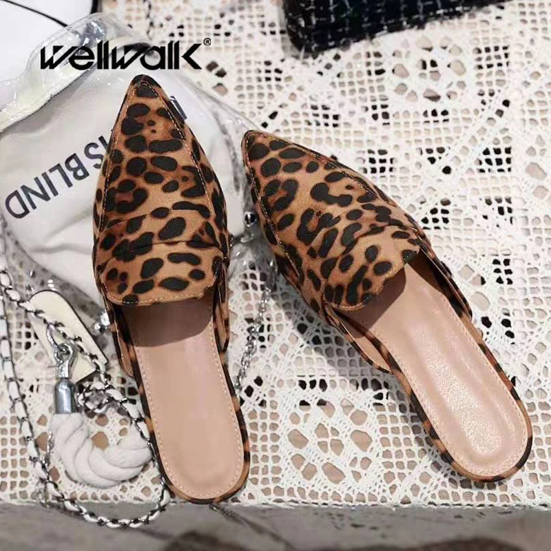 

Flat Slippers Shoes Leopard Mules Shoes Women Dress Flats Pointed Toe Slides Shoes Designer Slippers Ladies House Slides