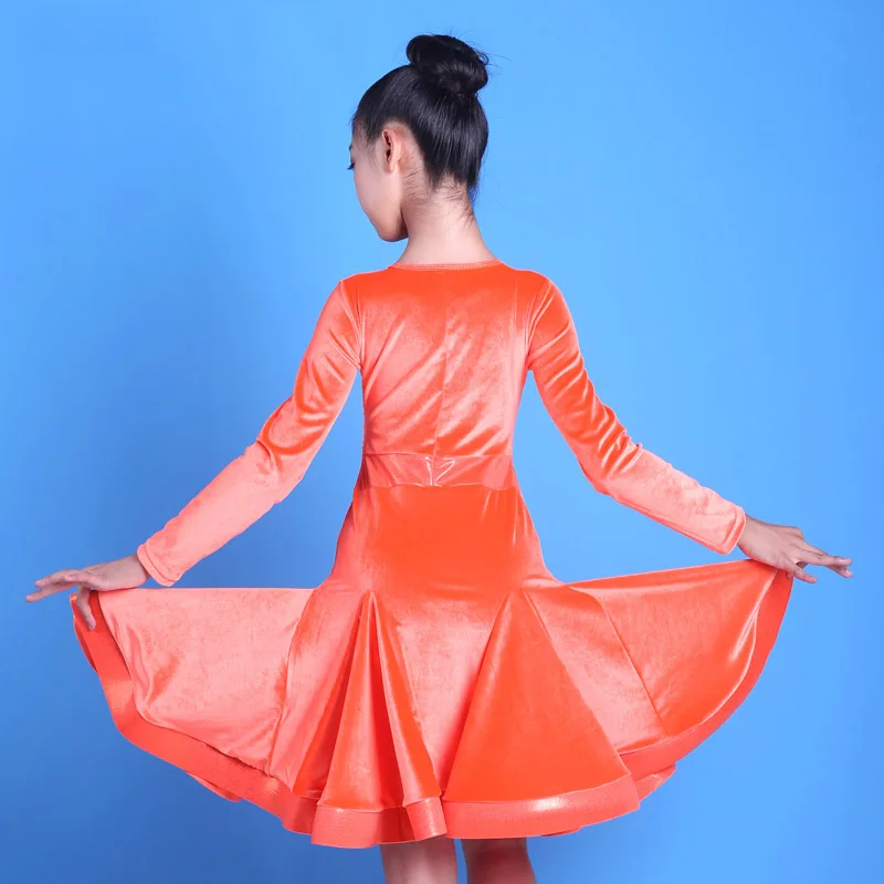 Latin Dance Dress Girls Winter Velvet Long Sleeves Competition Dresses Child Tango Rumba Salsa Cha Cha Samba Dancewear DNV12200