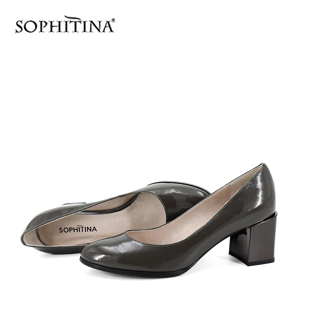 SOPHITINA/серые туфли-лодочки из лакированной кожи; Лидер продаж; женская обувь для отдыха на высоком квадратном каблуке с острым закрытым носком; стильные пикантные туфли-лодочки; SC185