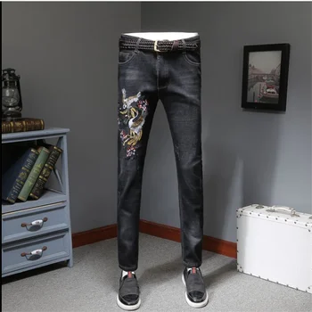 

Embroidered flower black blue jeans men's 2020 spring and summer trend of slim feet tide men's long pants