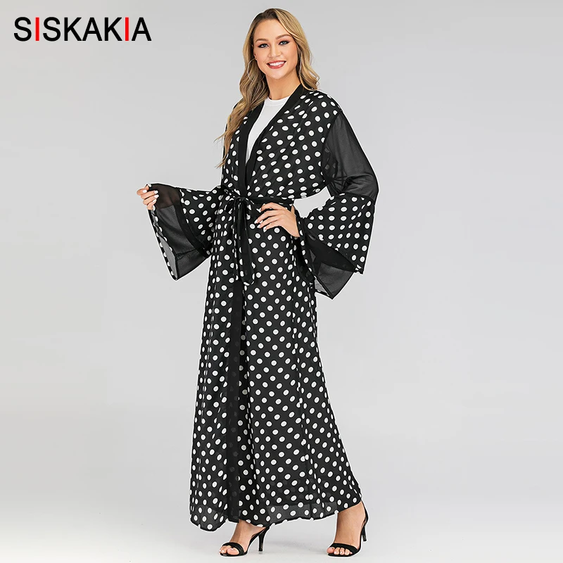 Siskakia, элегантное женское платье в черный горошек, Абая, с поясом, с рукавом-бабочкой, пэчворк, хиджаб, платье, мусульманский кафтан, открытая абайя s, новинка