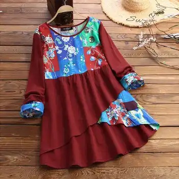 

ZANZEA Women Spring Long Sleeve Vintage Floral Printed Shirt Bohemian Blouse Ruffles Hem Blusas Patchwork Cotton Linen Tunic Top