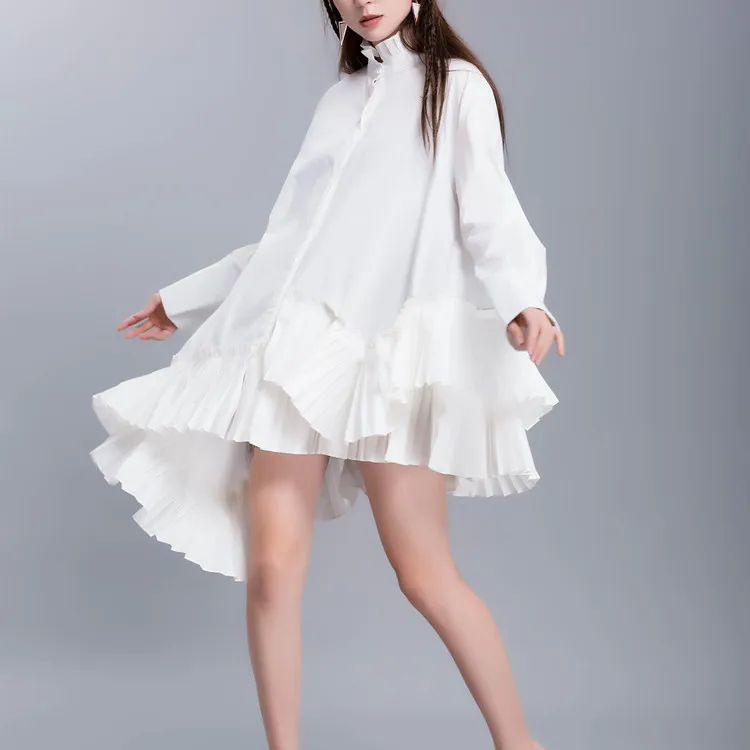 

Irregular Shirt Women Blouse Patchwork Pleateed Hem Streetwear Long Sleeve Black White Shirt 2019 New Autumn Winter Vestidos