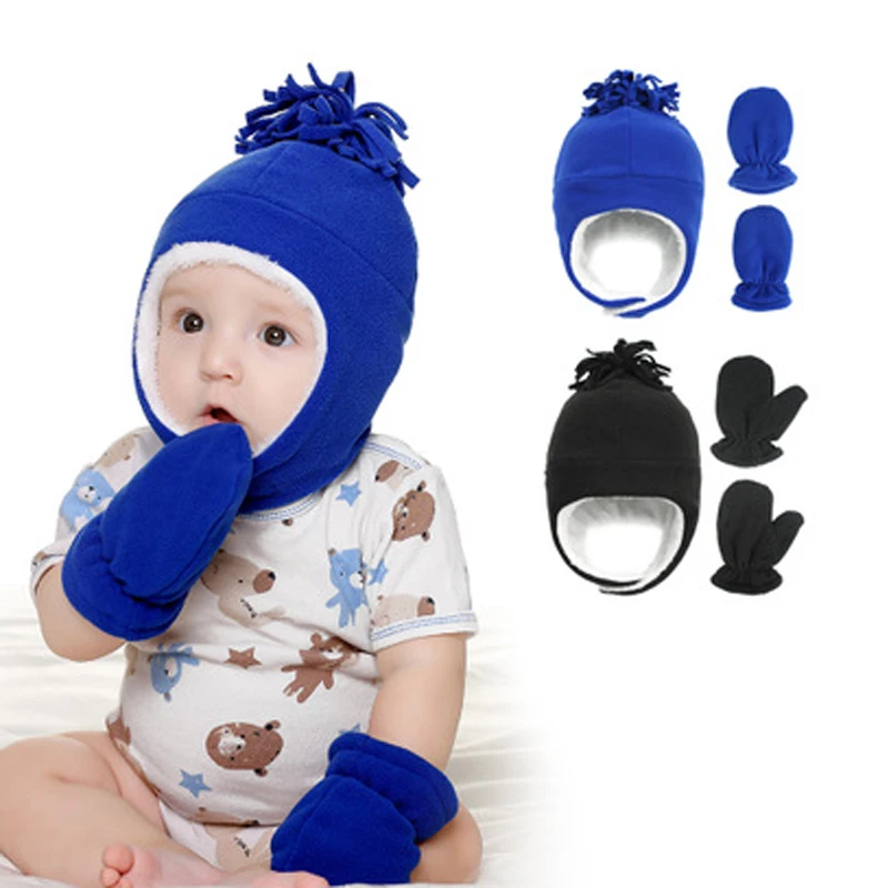 

Children's Toddler Baby Boys Fleece Earflap Beanie Set Thicken Outdoor Warm Head Accessories With Gloves 2020 Winter Hat Suit