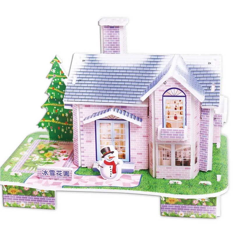 

New 3D Mini Cartoon Powder Blue Cabin Model Creative Game Puzzle Children Brain Teaser Education Hobby Wooden Color Puzzles Toys