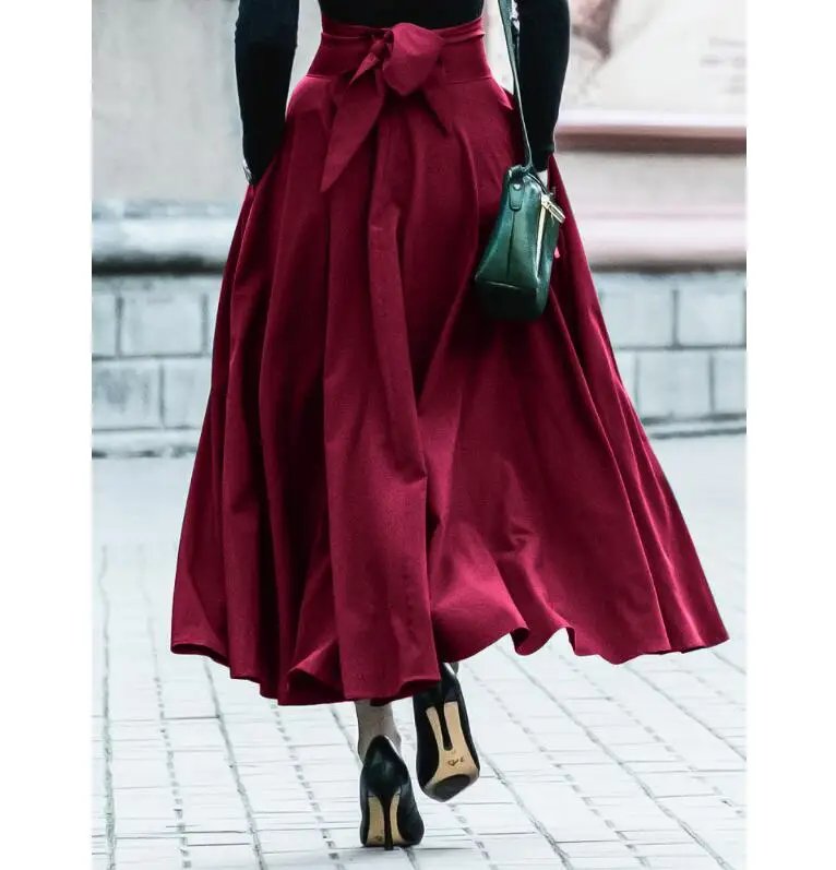 

elegant skirt long Women Slit Long Maxi Skirt Vintage Ladies Fashion Pleated Flared Pockets Lace Up Bow 4XL office