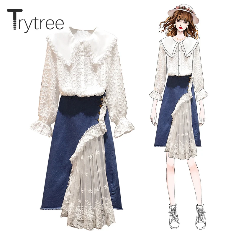 Trytree/, Осенний женский костюм из двух предметов, повседневные топы с расклешенными рукавами и воротником «Питер Пэн»+ юбка, джинсовый кружевной комплект из 2 предметов