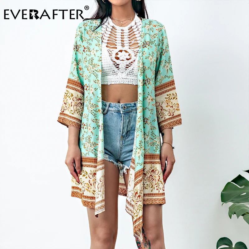 

EVERAFTER Summer Long Open Frnot Kimono Cardigan Shirt Women Three Quarter Sleeve Floral Print Boho Loose Casual Female Blouses