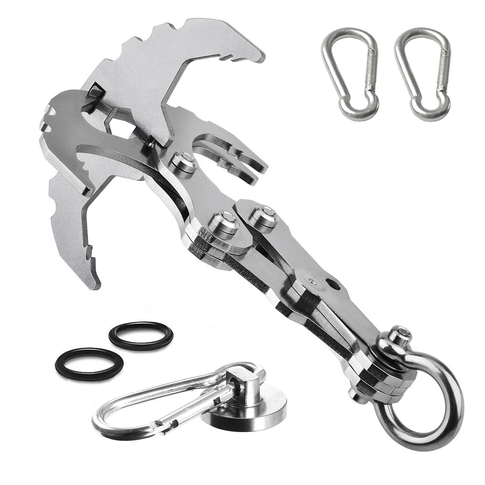 Outdoor Tool Hook with Two Carabiners Mutifunctional Grappling Hook for Hiking Camping Climbing stainless steel Hook