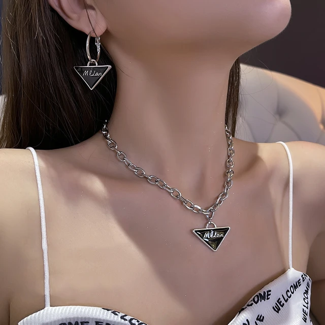 Authentic Prada Black Triangle Pendant | Reworked Silver 15-17