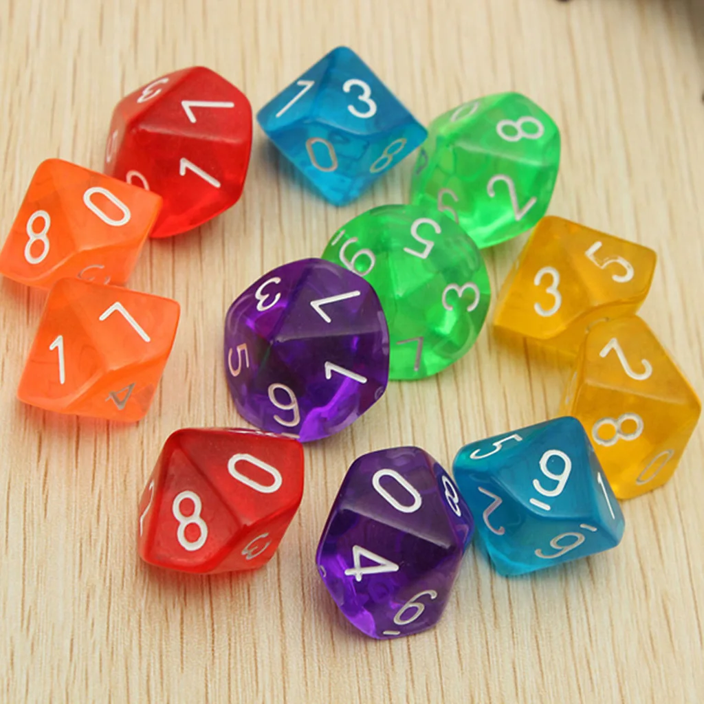 Set of 10 pcs Game Dice Plastic D10 Ten Sided Gem Dice Playing Games Party Favor Board Game Lovers Dice Toy Gift 